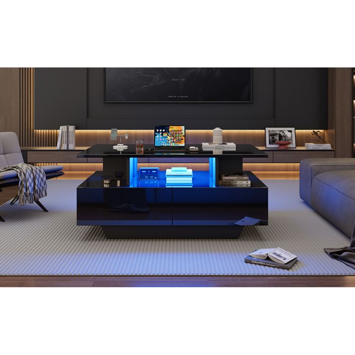 Table basse moderne laquée avec éclairage LED 2 tiroirs rangement meuble salon élégant 90x55x41 cm
