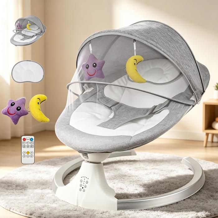 Balancelle electrique avec Télécommande Transat Bébé Electrique Multifonction Musique Bluetooth Pendentif peluche 5 Vitesses