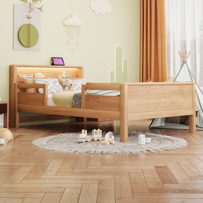 Lit enfant multifonction 90x200 cm - Bois de pin - Tête de lit avec rangement - Lampe LED intégrée - Port USB et USB-C