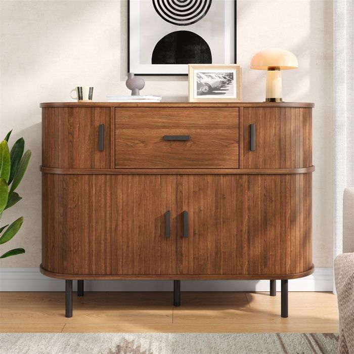 Buffet Bas à Deux Niveaux 110 cm Noyer - Meuble de Rangement avec Portes Coulissantes Tiroir Central & Compartiments