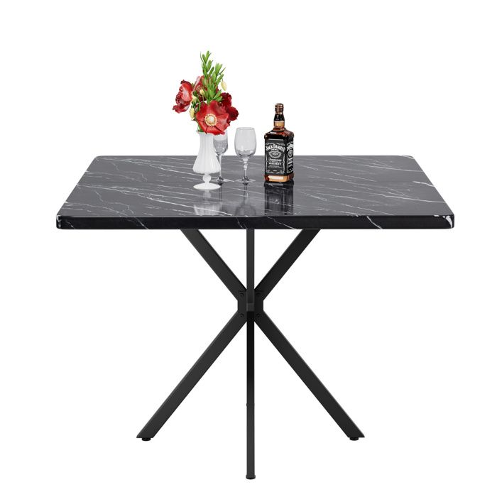 Table de salle à manger carrée 98 cm noire plateau MDF et pieds en métal pour 4 à 6 personnes