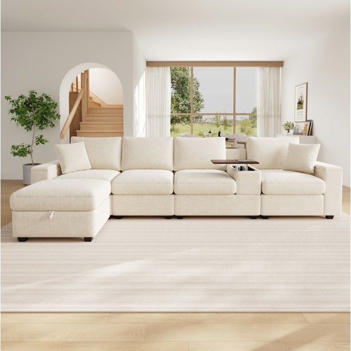 Canapé dangle modulaire beige 5 places 313x147x82 cm en chenille avec rangements USB Type-C et table 360° TYNQER