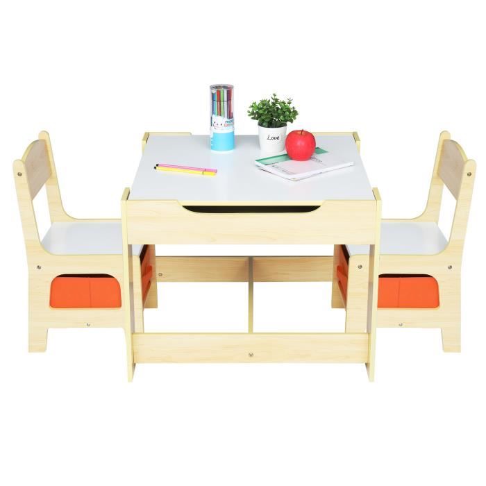 Clevich Table Avec 2 Chaises Pour Enfant - Bureau Réversible Avec Rangement, Blanc, Dès 3 Ans