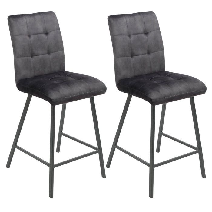 JOHN - Lot de 2 Tabourets de Bar Capitonnés Gris JOHN - Lot de 2 Tabourets de Bar Capitonnés Gris