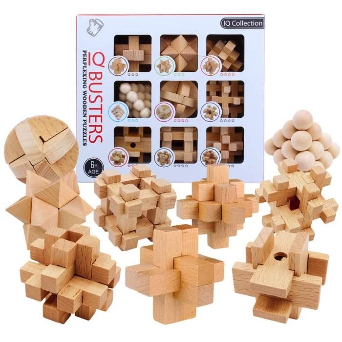 Lot de 9 casses têtes chinois 3D en bois IQ puzzle jeu éducatif 
