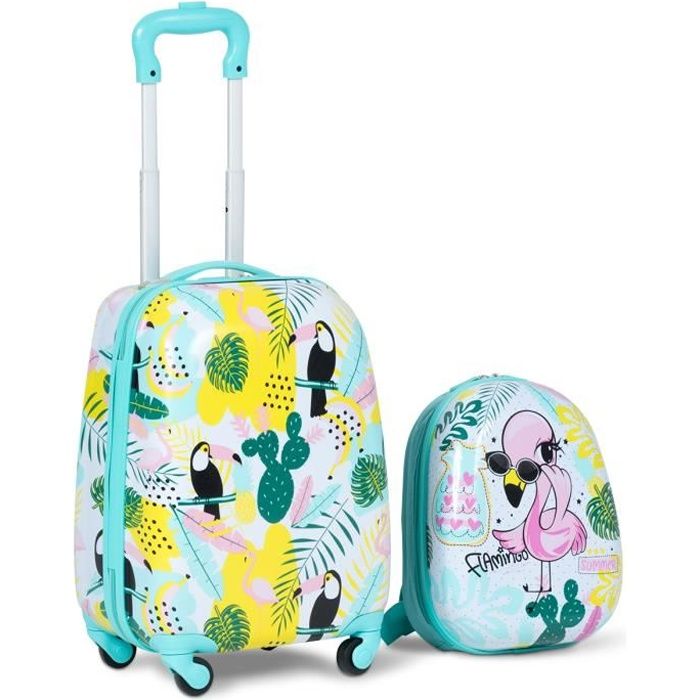 costway valise enfant à roulettes bagage pour enfant 16’’ + sac à dos 12’’ en motif flamant pour enfant