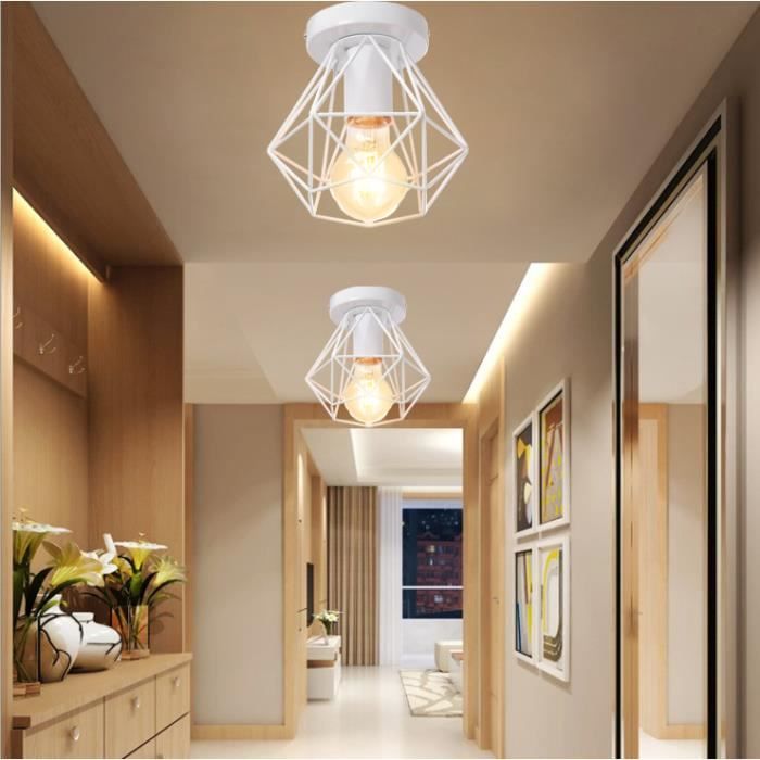 MOGOD LOT DE 2 Plafonnier décoratif Chambre/Salon E27 Lampe de Plafonde Cage forme Diamant en Fer Blanc design Moderne