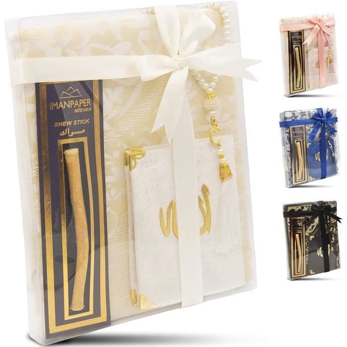 Coffret Cadeau Musulman Complet - Tapis De Prière, Livre De Sourate, Tesbih Et Zikirmatik - Blanc