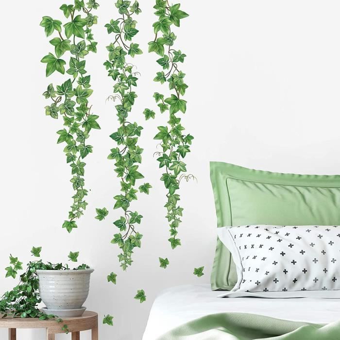 Decalmile Stickers Muraux Lierre Vert - Autocollants Vigne Feuilles Pour Déco Chambre, Salon, Bureau | 8 Feuilles A4