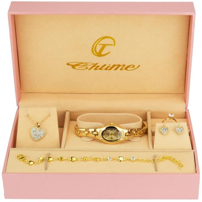 Montre Femme Cadeau - Boîtier Cadeau, Pile Neuve, Cadran Blanc, Bracelet Doré