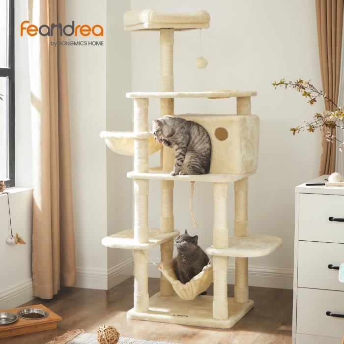 Comparer les prix de FEANDREA Arbre à chat Hauteur de 164cm Multi-niveaux Avec bol, panier, niche Maison de jeu Meubles pour chatons, Beige