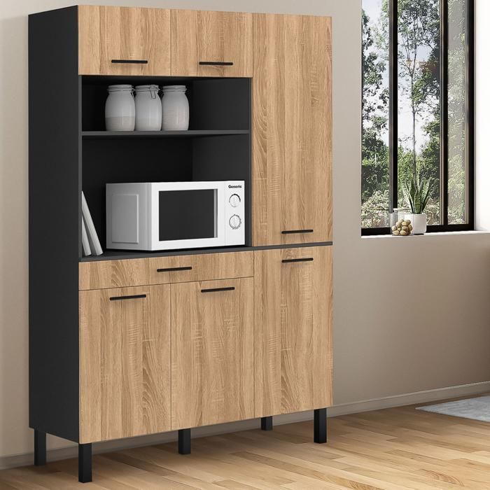 IDMARKET Buffet de cuisine avec colonne de rangement 120 CM CINA 6 portes + tiroir noir et façon hêtre