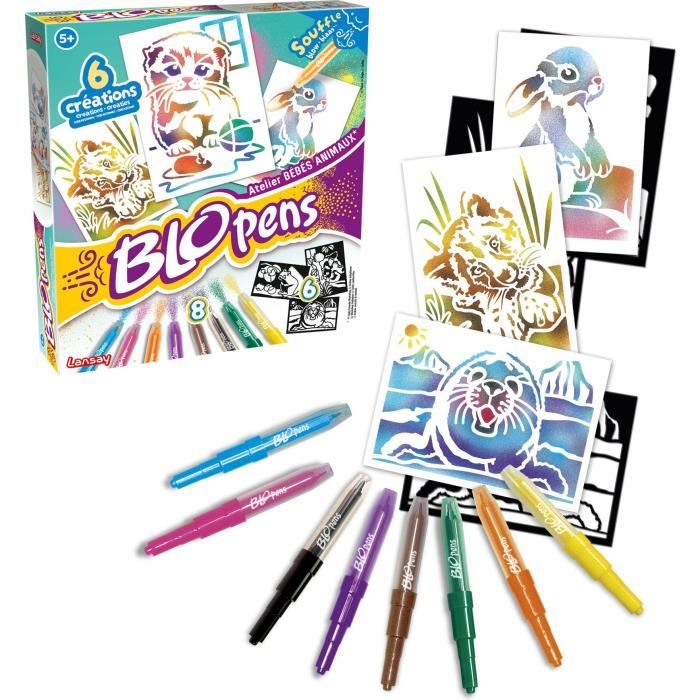 Kit Créatif Lansay Blopens Atelier Bébé Animaux 24123 – 8 Feutres à Souffler + 10 Pochoirs Réutilisables