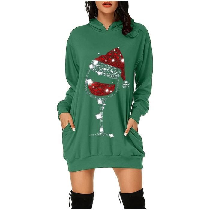 Robe De Noël Femme Imprimé Bonhomme De Neige/Père Noël - Légère, à Capuche, Manches Longues Avec Poches