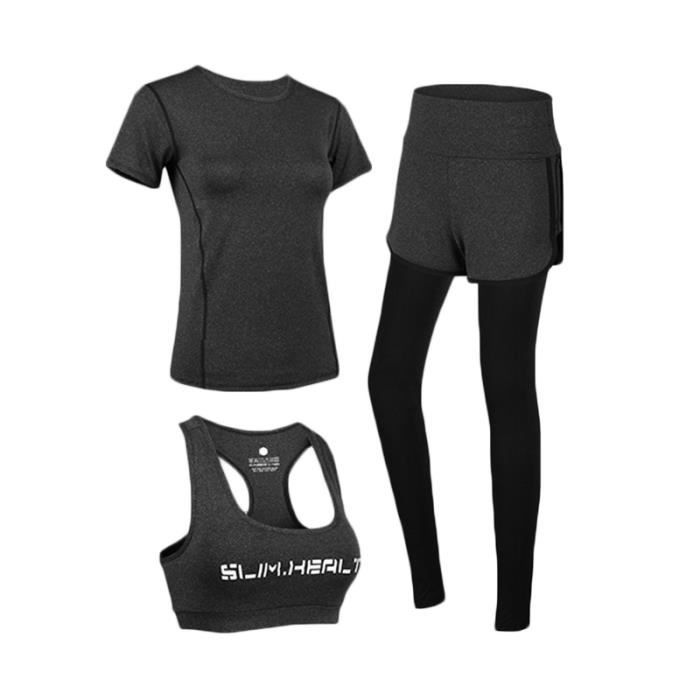 Ensemble de Sport Femme - Marque - 3 Pieces T-shirt+Brassiere+Legging -  Fitness Running - Gris foncé Gris foncé - Cdiscount Sport