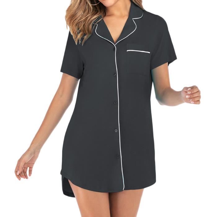 Chemise de Nuit Femme Pyjama Manche Courte a Boutons Col V Tunique Lache Sleepwear Noir L Noir Cdiscount Pret a Porter