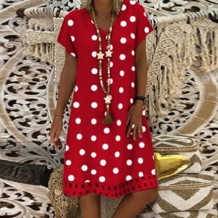 NNGOTD Robe Été Femme Longue Fluide Imprimée Polka Dot - Robe Mi-Longue Élégante Col V Manches Courtes