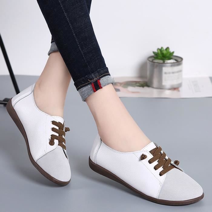 OS Loisirs Femmes Chaussures a lacets en daim a bout rond Chaussures plates simples Chaussures bateau a pois blanc Blanc Cdiscount