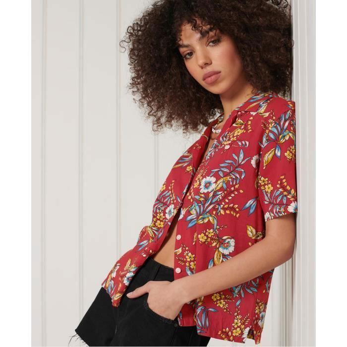 Unbranded - chemisier festif hawaïen vintage - chemise florale rose rouge avec boutons de coquille