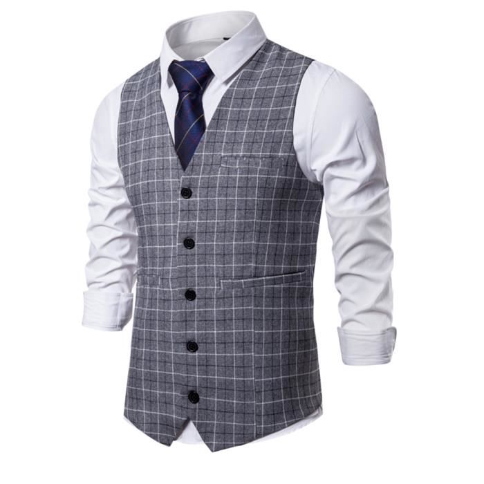 Gilet de Costume Pour Homme à Carreaux Slim Fit Formel Affaires Smoking Gilet Sans Manche Mariage Décontractée Col V,Gris