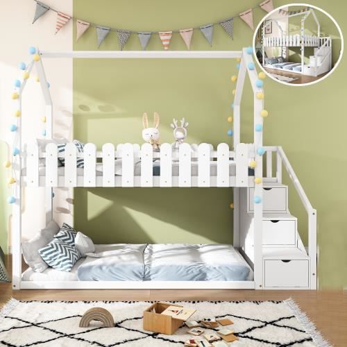 Lits superposés 2x90x200cm, Lit cabane 3 escaliers avec 2 tiroirs, Barrières de sécurité et sommier à lattes inlcus, Blanc