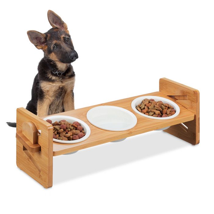 Comparer les prix de Relaxdays Gamelles pour chiens, hauteur réglable, 3 récipients, 200 ml chacun, bambou & céramique, nature - blanc