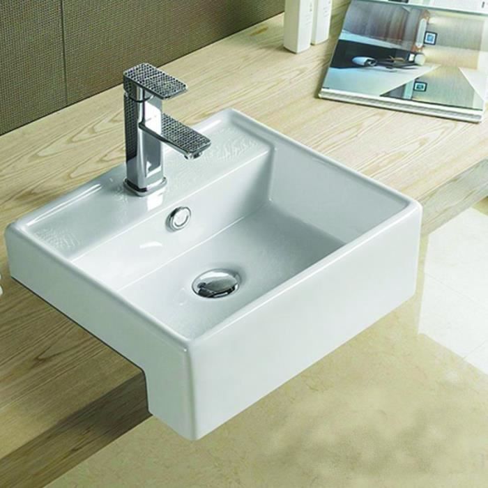 Vasque de salle de bain - RUE DU BAIN - Semi-encastrable carrée céramique - Blanc - 41x41 cm