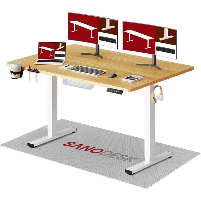 SANODESK Bureau Assis Debout Électrique 140x60cm avec Système Anti-Collision et Fonctions Mémoires Crochet/Porte-gobelet Érable