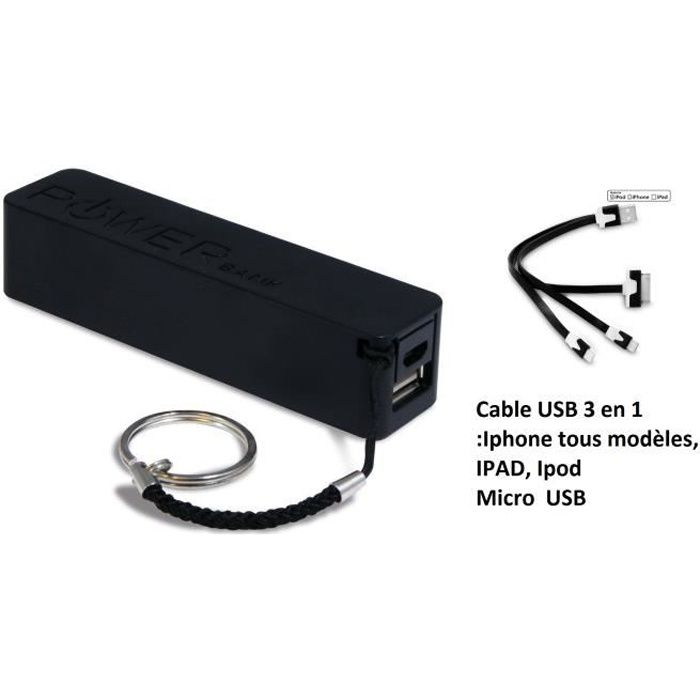 Batterie externe de secours 2600 mah Powerbank Noir avec câble