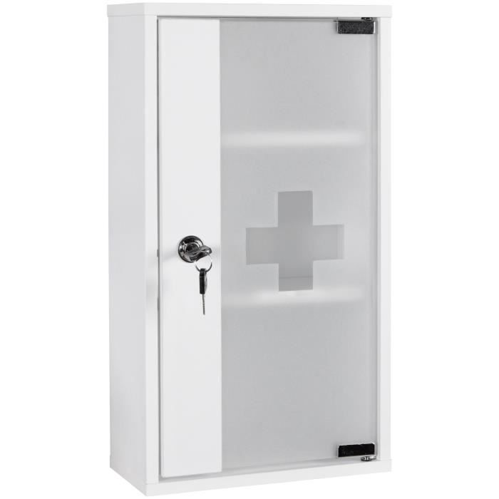 armoire à pharmacie wohnling ella en bois blanc verrouillable avec 3 compartiments et porte en verre