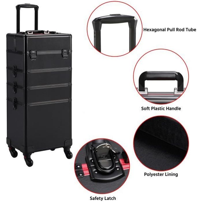 Yaheetech valise trolley pour cosmétiques noire professionnelle avec 4  plateaux rétractables 1 tiroir, 34,5 x 24 x 55,5cm - Conforama