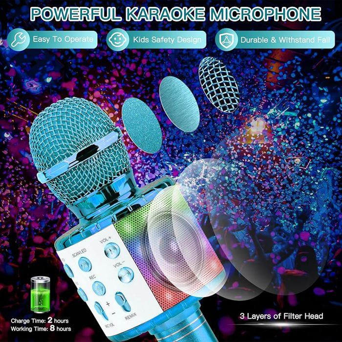 Microphone karaoké sans fil portable 4 en 1 Bluetooth avec lumières LED
