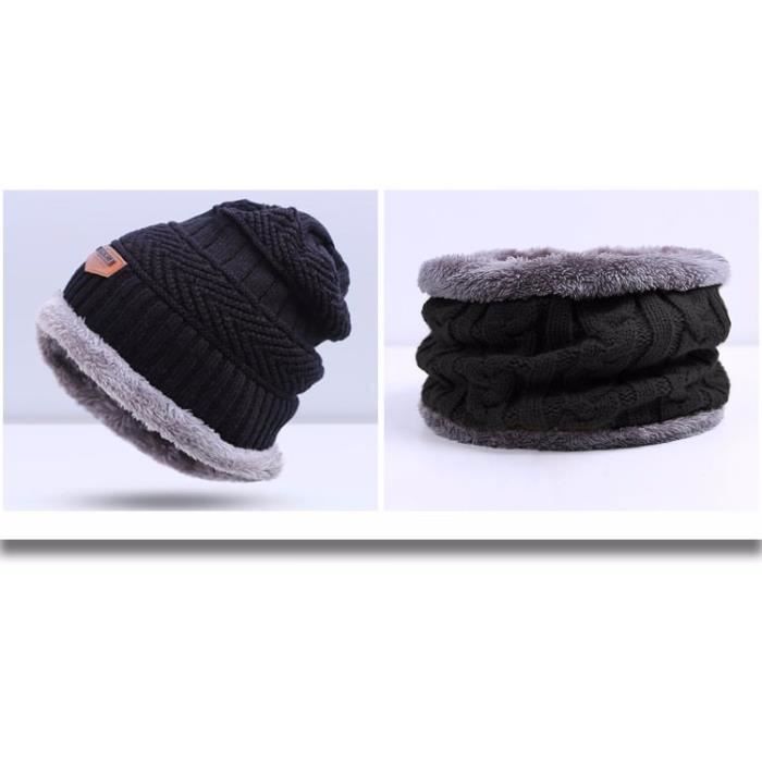 Ensemble Bonnet Et Écharpe Hiver - Tricoté Avec Doublure Polaire, Chaud Et Doux, Pour Hommes Et Femmes - Noir