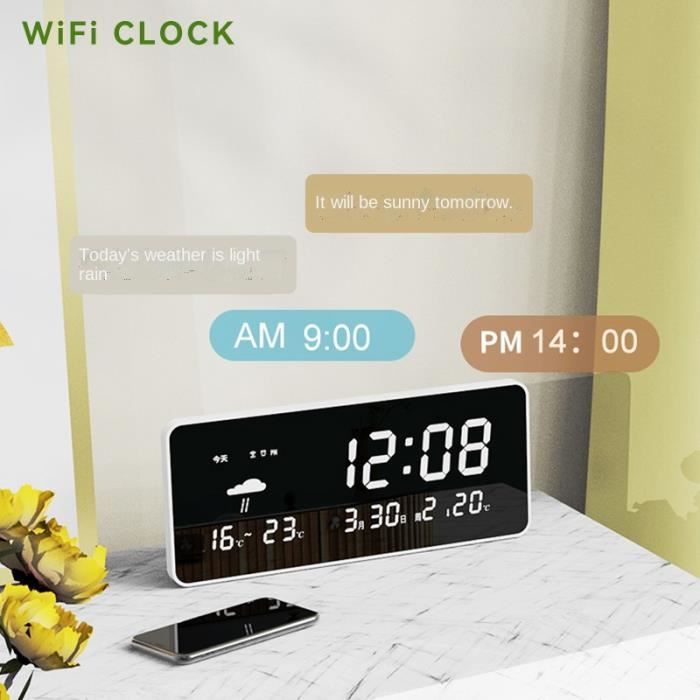 BLANC - Horloge de bureau avec calendrier, Bluetooth, USB, miroir