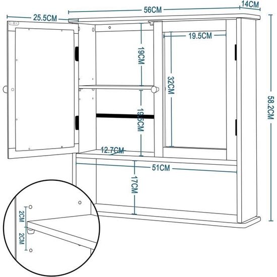 Armoire Salle De Bain Avec Miroir En Bambou – 2 Portes, 2 étagères Réglables, Design Mural (65x14x50,5 Cm) - 2