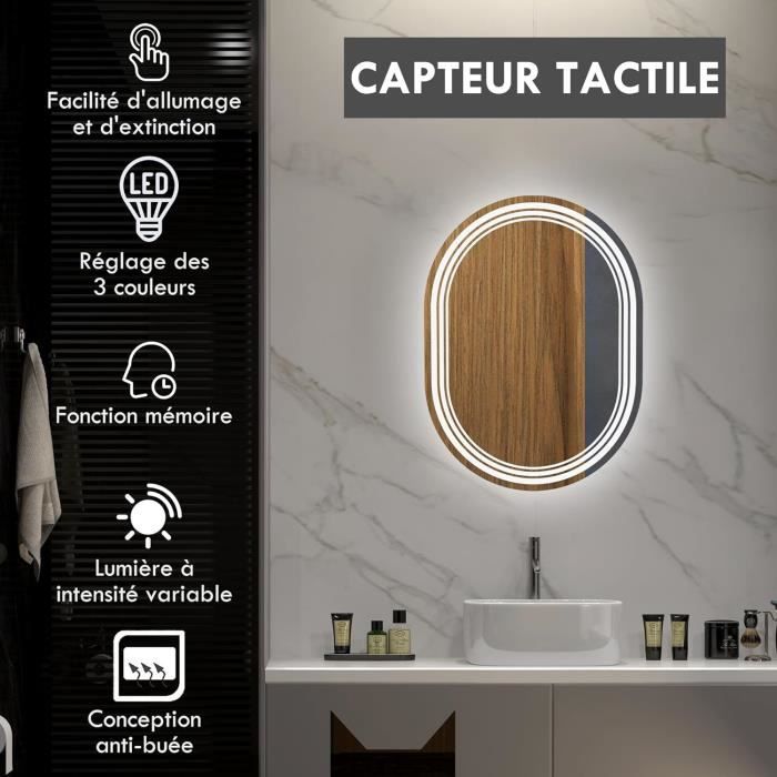 KLEANKIN Miroir rond lumineux LED de salle de bain 70 cm avec éclairage interrupteur tactile système antibuée miroir mural LED à luminosité réglable 35 W gris pas cher
