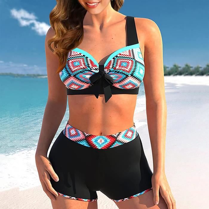 Maillot de Bain Femme 2 Pieces Shorty Bikini Ensembles Bikini Taille Haute Rembourre Maillots de Bain couleurs multiples