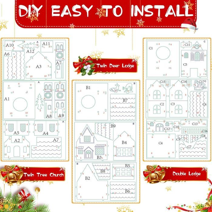 Murman 3 Pièces Village De Noel Lumineux, Maison De Noël Lumineuse Petite Maison Village De Noel En Bois, Village De Noel Miniature LED Pour Décoration De Table De Vacances De Noël