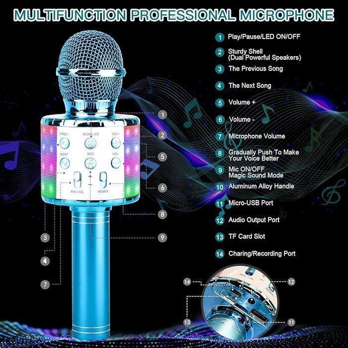 Micro Karaoké Bluetooth FISHOAKY – 4 En 1, Voix Modifiée, LED, 2600mAh, Compatible Smartphone
