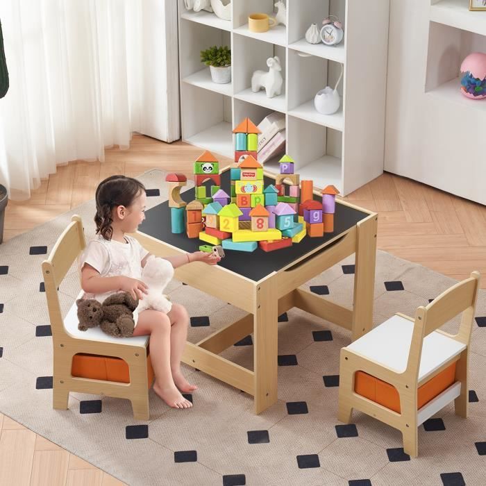 Table et 2 Chaises pour Enfant en Bois avec espace de rangement