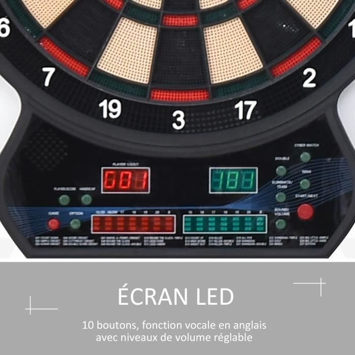Homcom Cible jeu de flechettes electronique professionnel adaptateur 27  jeux jusqu'à 8 joueurs LED haut-parleur noir 