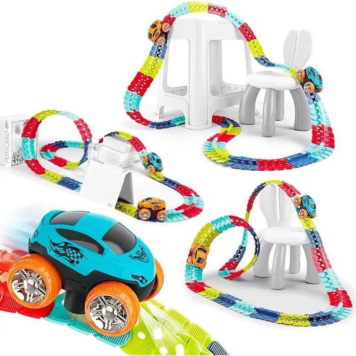 Circuit Voiture Enfant Electrique avec Voiture de Course Lumineuse LED, Piste de Course Flexible