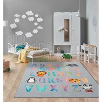 the carpet Happy Life - Tapis de jeu pour la chambre d'enfant avec alphabet et animaux mignons, gris, 200 x 290 cm