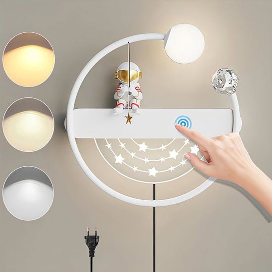 KZT Applique Murale LED 8W Avec Interrupteur Tactile Lampe De Chevet Dimmable Pour Garçons Et Filles Veilleuse Enfant Astronaute Lampe Murale Avec Prise Pour Chambre D'enfant Salon Escalier Lumière