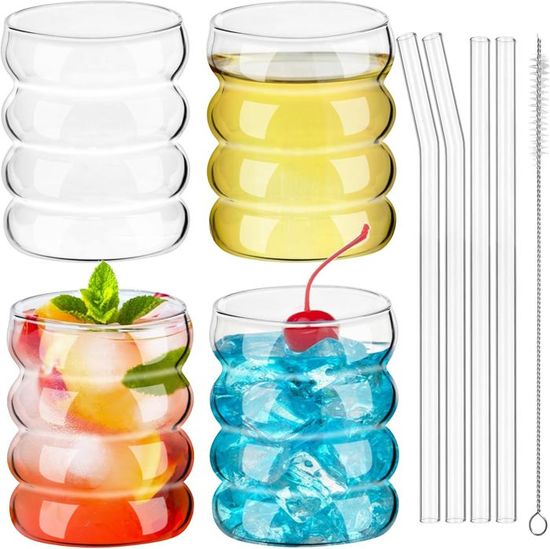 Lot 4 Verres à Café Cannelés 300ml - Verres Nervurés Empilables Avec Brosse - Cocktails Et Boissons