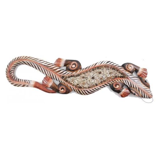 Décoration Murale Gecko En Bois Sculpté à La Main - 50 Cm, Coloris Marron/beige, Style Ethnique Pour Mur Ou Meuble