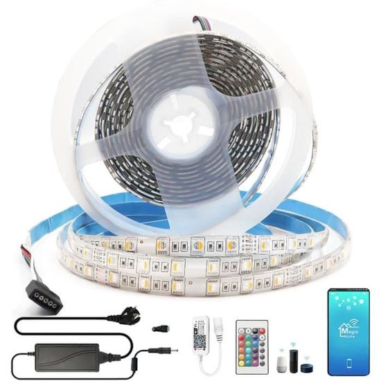 Ruban LED Mextronic 5m 5050 RGB+Blanc Chaud 2700K 72W 24V IP44 – Intérieur