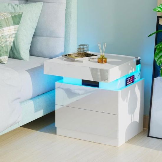 Table De Nuit Blanche 2 Tiroirs Avec Station De Charge USB - Lot De 2, 45x40x52cm, éclairage LED Réglable