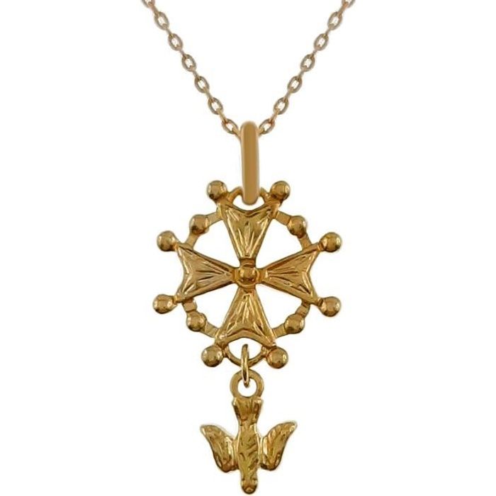 Lot pendentif Croix Protestante Huguenote Plaqué Or 18 carats + Chaîne Plaqué Or 50cm