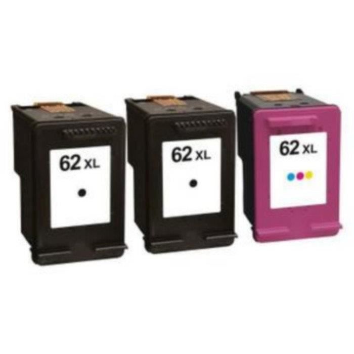 Packs 3 cartouches pour HP 62XL 2 x Noire et 1 x Couleur Compatible Envy 5540